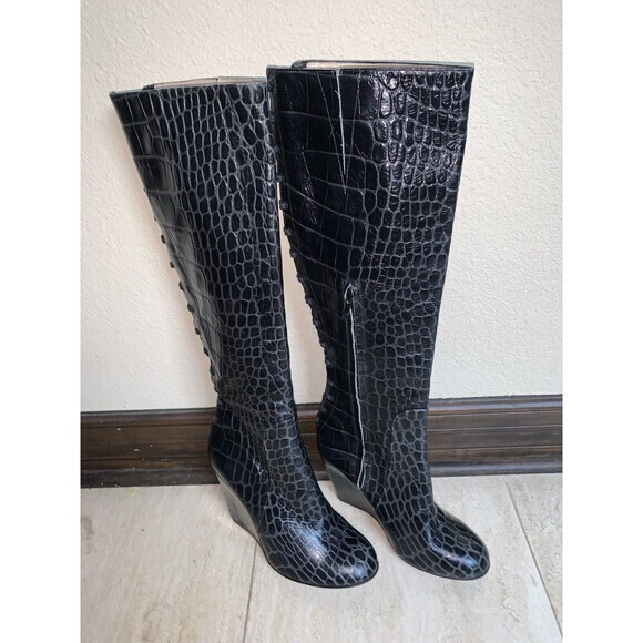 Jerome C. Rousseau Black Alligator Print Leather Lace Up Wedge Boots‎ 36.5 US6 - Picture 6 of 12